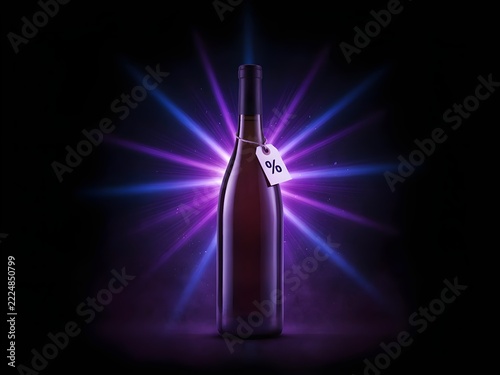 A wine bottle with a percentage discount tag against a dark background with vibrant purple and blue light rays and a glowing atmosphere