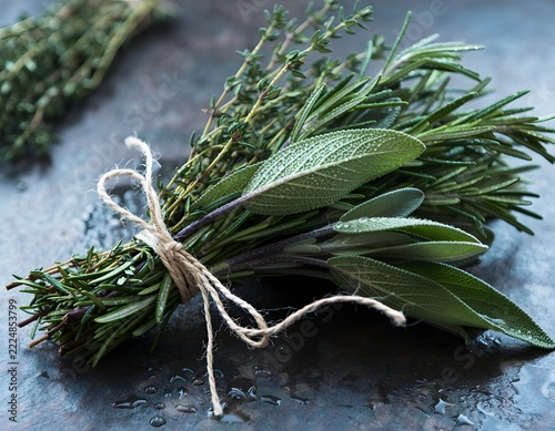 Fresh Rosemary, Thyme and Sage Bundled with Natural String on Dark Stone, Rustic Culinary Herb Still Life