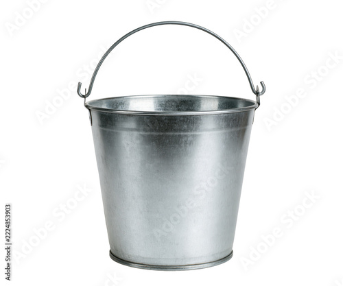 Empty galvanized metal bucket with handle isolated on transparent background