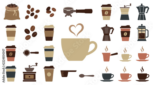 Coffee shop icons set with cups beans and brewing equipment kit.