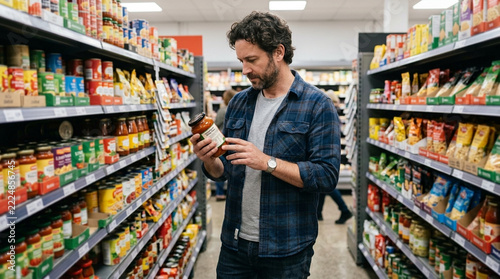 Man shopping for groceries in supermarket aisle reading label on jar of sauce