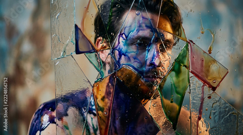 Man with colorful abstract paint streaks on face and body seen through fragmented glass