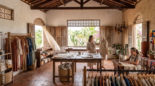 Artisan's Haven: A sun-drenched atelier where skilled artisans craft bespoke garments, surrounded by an eclectic collection of fabrics, mannequins, and creative tools.