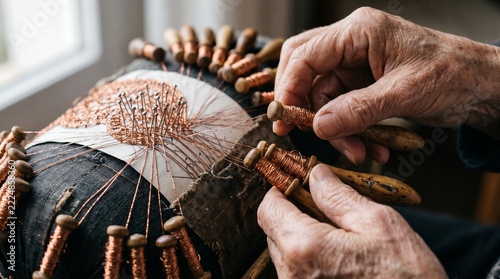 Intricate Lace Creation: Close-up of skilled hands meticulously crafting delicate lace using bobbins and thread, showcasing the art of traditional needlework and textile artistry.