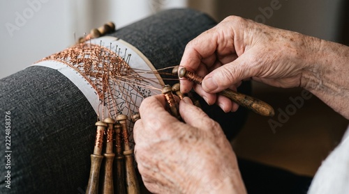 Crafting Delicate Lace: An elderly artisan's hands skillfully weave intricate patterns using bobbins and threads, demonstrating the delicate art of traditional lace-making.