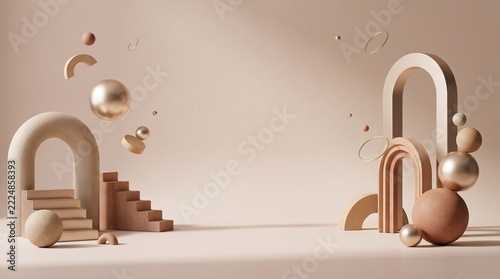 Abstract Geometric Composition: An artistic arrangement of minimalist abstract shapes, including arches, spheres, and stairs, creates a serene and elegant composition, bathed in soft light.