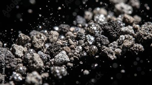 Abstract Texture of Diamond and Ore Particles: A close-up, high-angle shot reveals a scattered arrangement of rough ore and glistening diamond particles against a dark background.