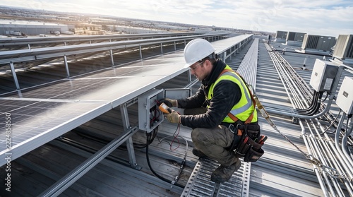 Técnico de painéis solares em ação: Um técnico concentrado, usando capacete e colete de segurança, inspeciona a instalação de painéis solares em um telhado.