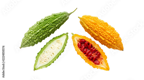 Green and yellow bitter gourds with halved cross sections showing white and red seeds on white background, bitter melon, momordica charantia