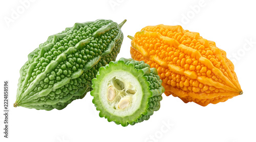 Whole green and orange bitter melons with a halved cross section on white background, momordica charantia, fresh Asian vegetable