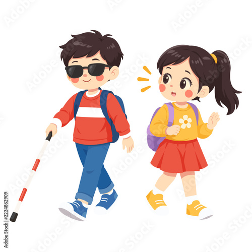 Girl Greeting A Blind Boy With A White Cane