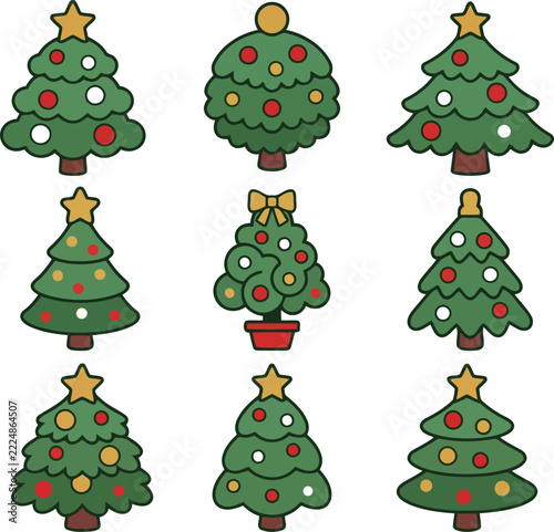 Christmas tree set vector illustration with star topper red and gold baubles