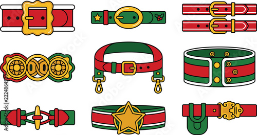 Santa belt and strap set vector illustration with golden buckles star buckle and festive designs