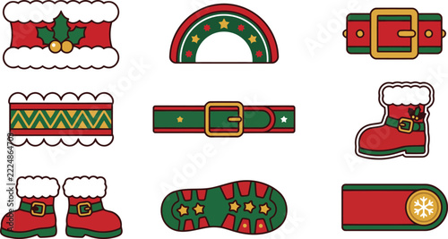 Santa boots and belt set vector illustration with fur cuff footprint and holly berry trim