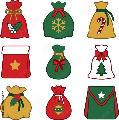 Santa sack set vector illustration with christmas gift bags snowflake candy cane and holly berries
