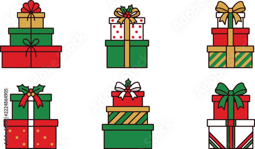 Stacked christmas gift boxes set vector illustration with ribbon bows and festive patterns