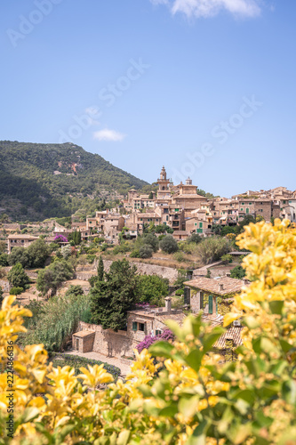 Vertical travel and landmark banner of Valldemossa village in Mallorca. 