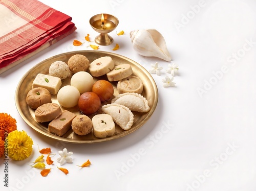 An assortment of traditional bengali sweets rests on a golden plate accompanied by floral decorations burfi chamcham coconut confection cream