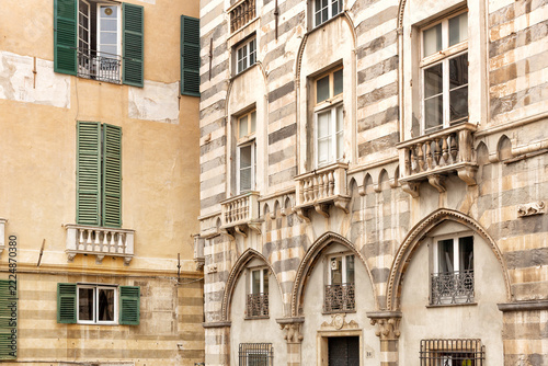 Exterior view of details of the architecture of historic buildings within the Plaza San Matteo, Genova