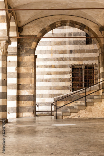 Exterior view of details of the architecture of historic buildings within the Plaza San Matteo, Genova