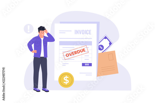 Vector of Overdue Invoice Bill Payment Stress Isolated Illustration. Flat vector of a stressed man panicking beside a giant overdue invoice document and cash envelope