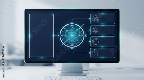 Professional workstation monitor showing blue glowing network nodes for research purposes.