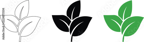 Set of three simple green and black leaf icons on a white background