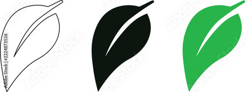 Set of three simple leaf icons in outline black and green styles for nature and eco designs
