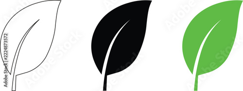 Three different leaf icons showing outline black and green styles for nature design projects