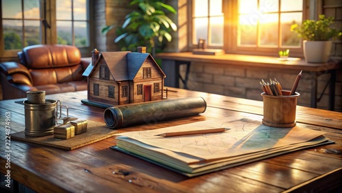 A worn leather desk holds the blueprint adorned with the tiny 3d house model like a promise of domesticity amidst dusty academia