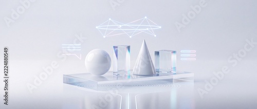 Abstract arrangement of geometric shapes sphere cone cylinder on a clear podium with futuristic digital circuit patterns and glowing neon lines, modern minimalist composition