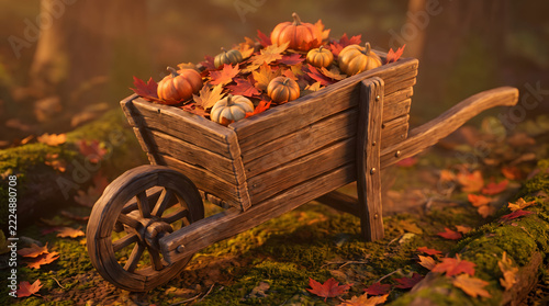 Vintage wooden wheelbarrow filled with pumpkins and autumn leaves in a golden forest setting
