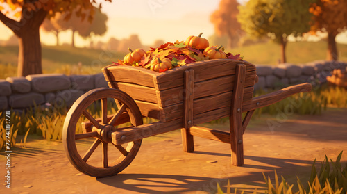 Wooden wheelbarrow filled with orange pumpkins and autumn leaves in a sunny farm garden at sunset