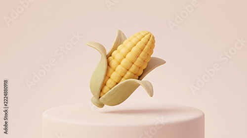 Minimalist 3D yellow corn cob floating above a soft pastel podium for food presentation