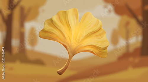 Golden ginkgo biloba leaf floating in a warm autumn forest landscape.