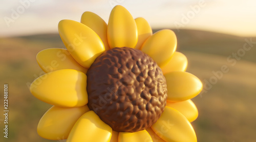 3D stylized sunflower head blooming in a golden field during sunset light