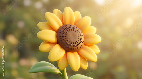 Vibrant 3D yellow sunflower blooming under bright sunlight in a soft blurred garden landscape