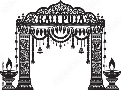 Kali puja festival entrance gate with traditional oil lamps isolated on transparent background, Vector