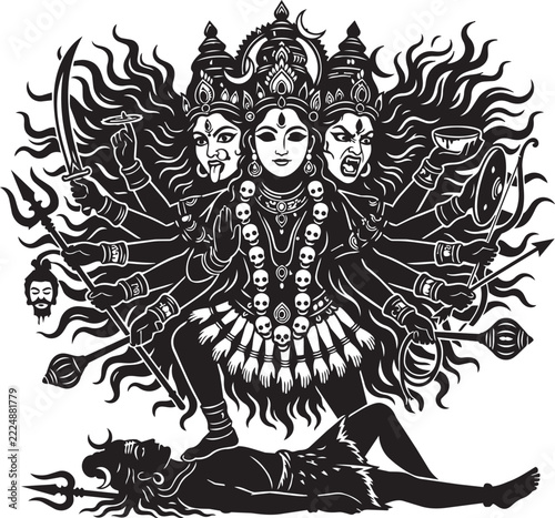 Black and white illustration of hindu goddess durga isolated on transparent background, Vector