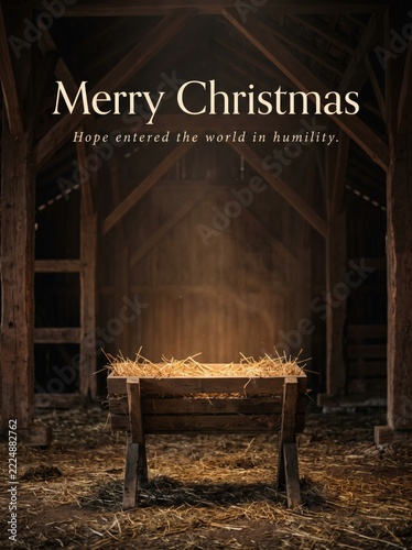Merry Christmas Nativity Scene with Manger in a Rustic Barn Setting.