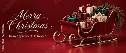 Merry Christmas Sleigh Full of Presents on Red Background.