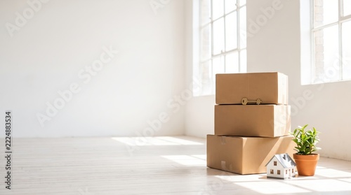 Moving Boxes and Plant in Empty New Home Room with Sunlight.