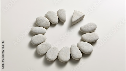 missing. Perfect stone circle with large missing segment against plain background, minimalist composition. event programs, museum guides, designed for cultural heritage projects and event programs.