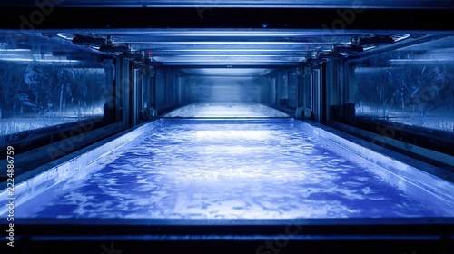 chamber. A plastic component inside an industrial chamber with a shiny metallic coating. product launch decks, UI/UX mockups, designed for data visualization dashboards and holographic UIs.