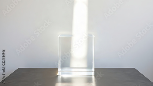 Sunbeam passing through clear acrylic block onto white wall, light transmittance concept