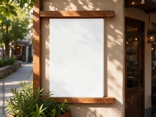 The white poster mockup displayed outside the restaurant building
