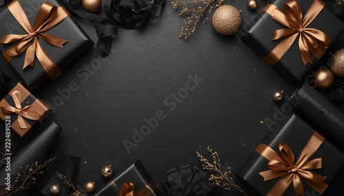 Elegant Gift Arrangement: A sophisticated collection of black gift boxes adorned with satin ribbon and gold accents, complemented by festive ornaments, arranged on a dark surface.