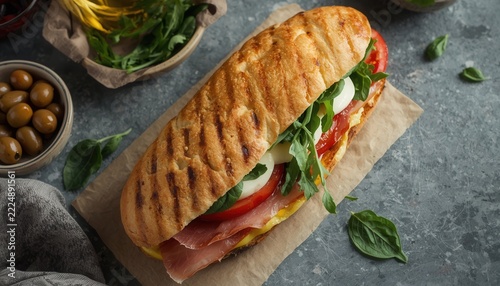 Delectable Italian Panini: A gourmet panini filled with ham, fresh mozzarella, ripe tomato, and arugula, grilled to perfection with savory olive oil and served with a side of olives.