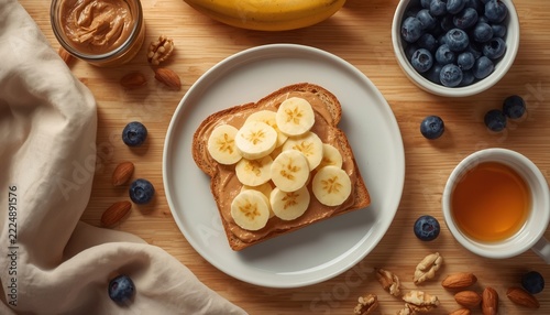 Peanut Butter Banana Toast Delight: A delicious slice of toast generously spread with creamy peanut butter, topped with perfectly sliced bananas.