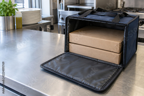 Open Delivery Bag with Two Flat Cardboard Boxes on a Kitchen Worktop
